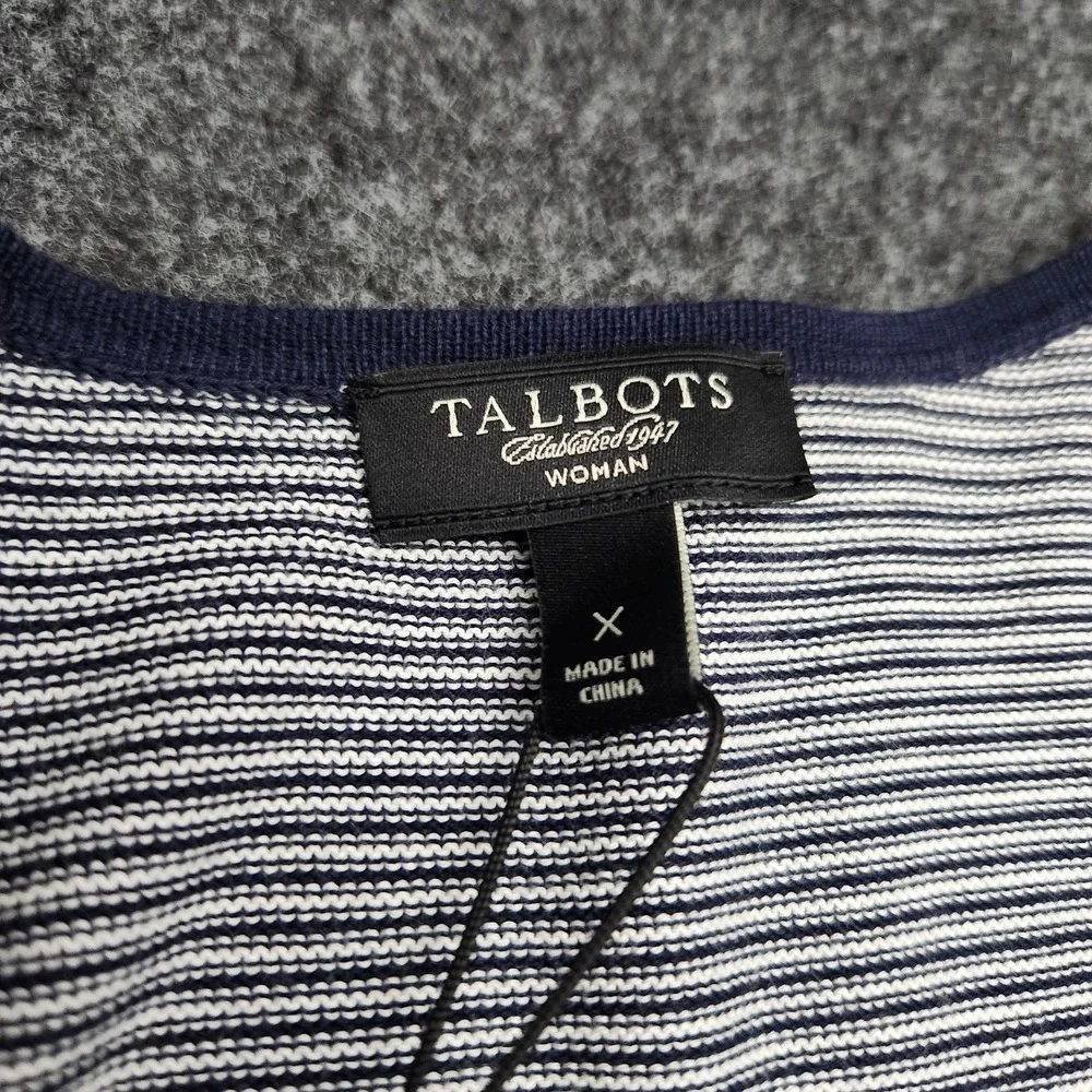 Talbots Womens X Navy White 3/4 Sleeve Button Up Cardigan Sweater Coastal Preppy